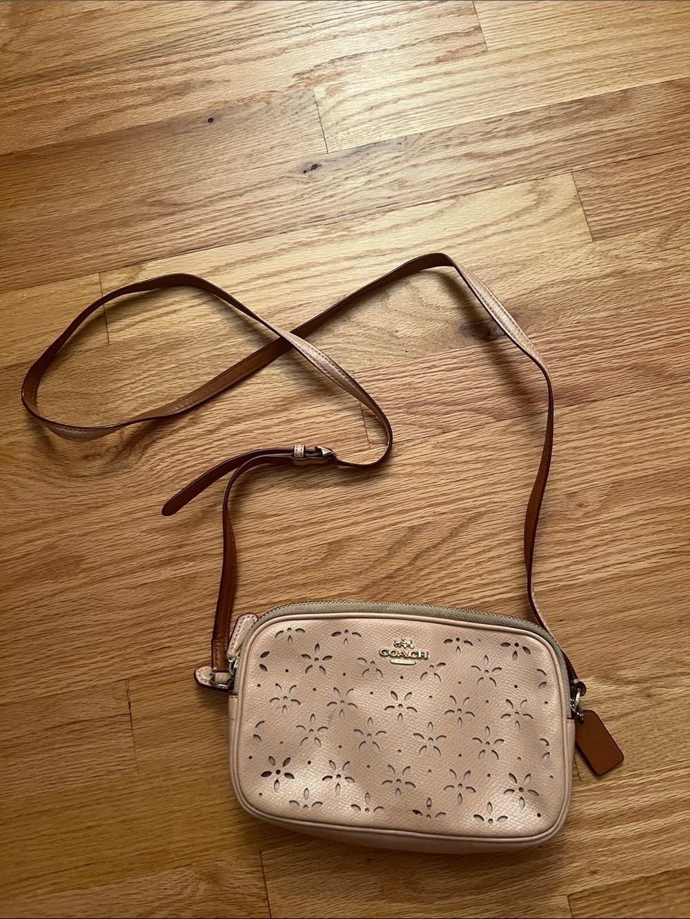 Coach Blush Pink Laser-Cut Leather Crossbody with Brown Strap